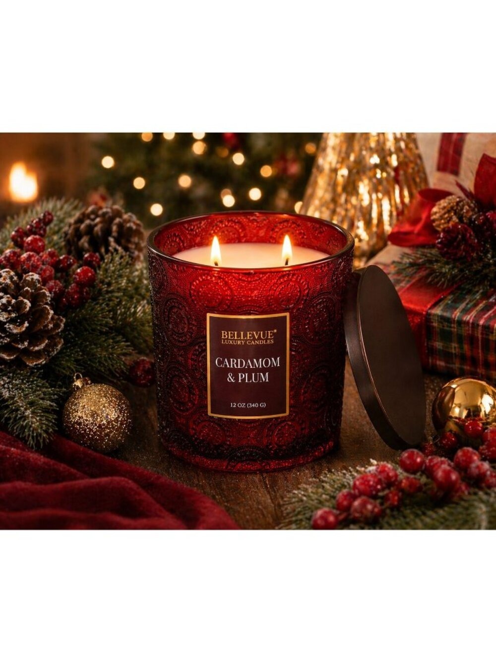 Bellevue Luxury 2-Wick Candle Cardamom & Plum 12oz Decorative Glass Jar NEW - Picture 6 of 8